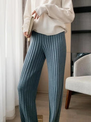 Vintage Boot Cut Knit Pants Women Solid Casual High Waist Straight Sweatpants Korean Fashion Winter Slim Long Pants New