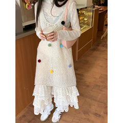 2024 Spring New Streetwear Pleated Loose Lace Pants Women + Colorful Cotton Ball Hollow Knitted Dress + T-Shirt Three-Piece Suit