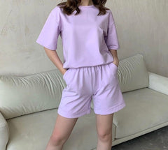 Back to college  Summer 100% Cotton Sets Women New Casual Loose Two Pieces Short Sleeve T Shirts And High Waist Short Pants Suits