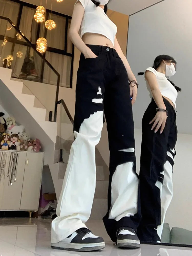 Trend Street Black White Denim Pants Women Y2k E-Girl High Waist Irregular Trousers Summer Loose Straight Wide Leg  Jeans