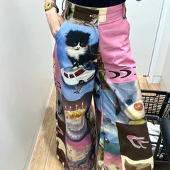 American Street Cute Cartoon Print Pants for Women 2024 New Loose Wide Leg  Y2k Grunge High Waist Straight Trousers