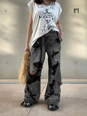 Distressed Black Washed Denim Jeans American Style Retro Wide Leg Pants for Men and Women Harajuku Style Hip Hop Trousers