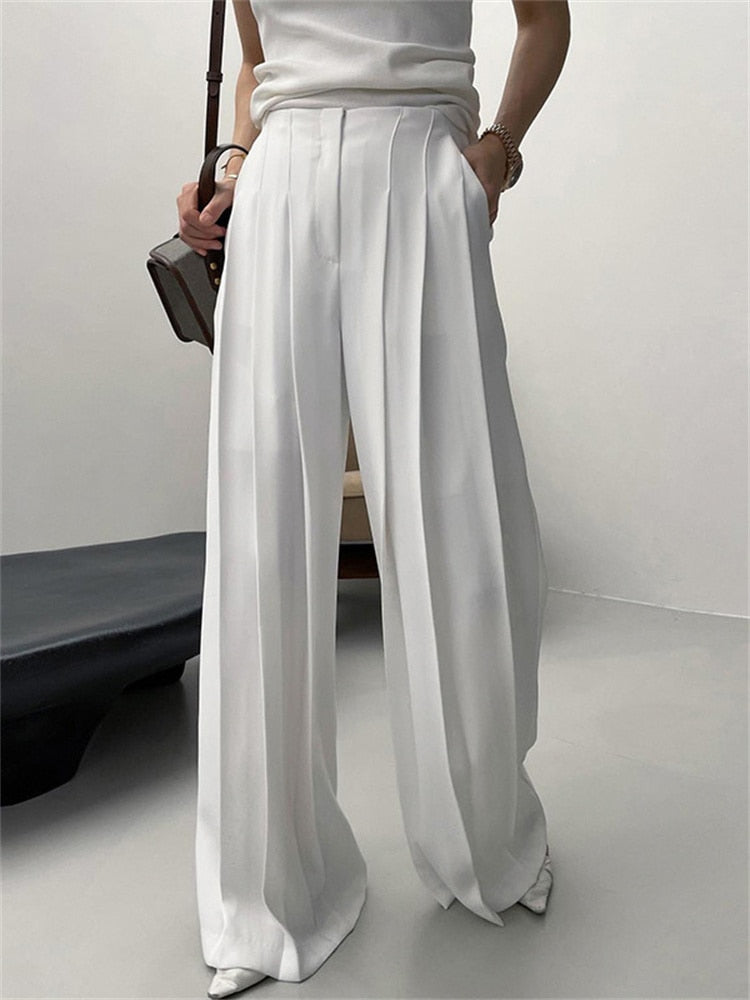 Pleated White Wide Leg Trousers High Waist For Women Patchwork Fashion Loose High Street Trousers Ladies Y2k Pants Autumn