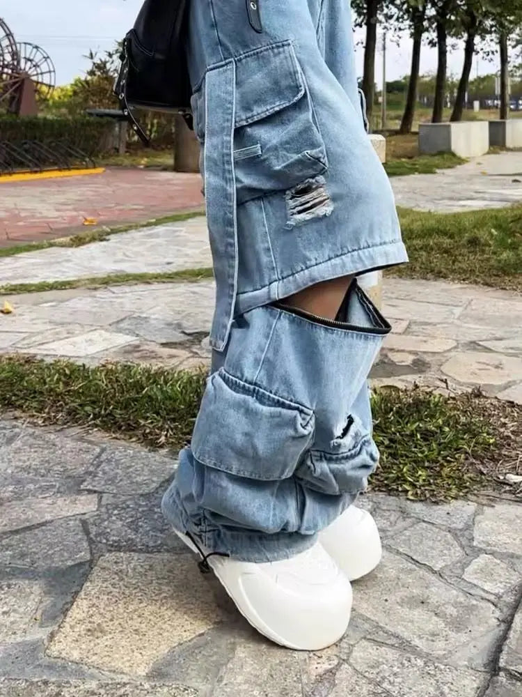 Heavy Duty Multi-pocket High Waist Cargo Pants Women American Retro Fashion Baggy Jeans Women Harajuku Hip-hop Wide-leg Jeans