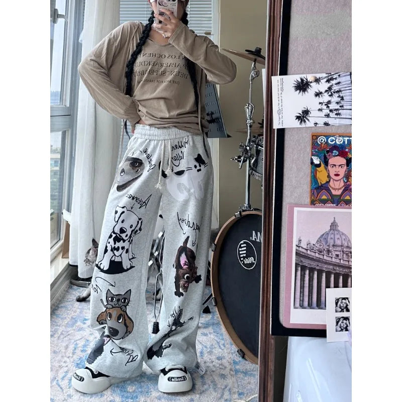 Harajuku Graffiti Women's Sweatpants Gray Kawaii Baggy Korean Fashion Sport Jogger Pants Vintage Cute Trousers Hippie New