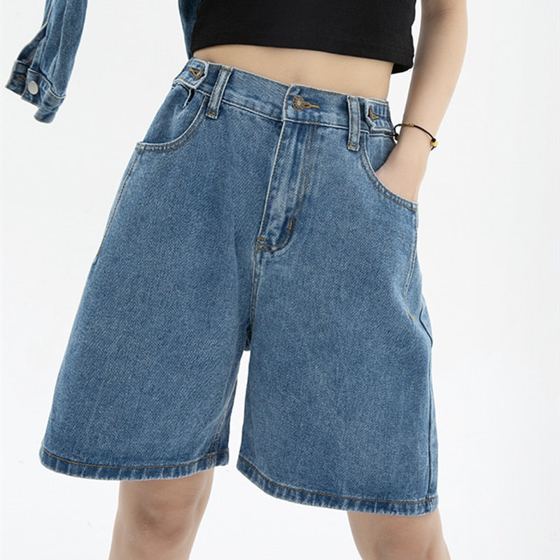 Women's Short Summer High Waist Jeans Baggy Straight Five Points Trousers Streetwear Vintage Mom Denim Wide Leg Short Pants