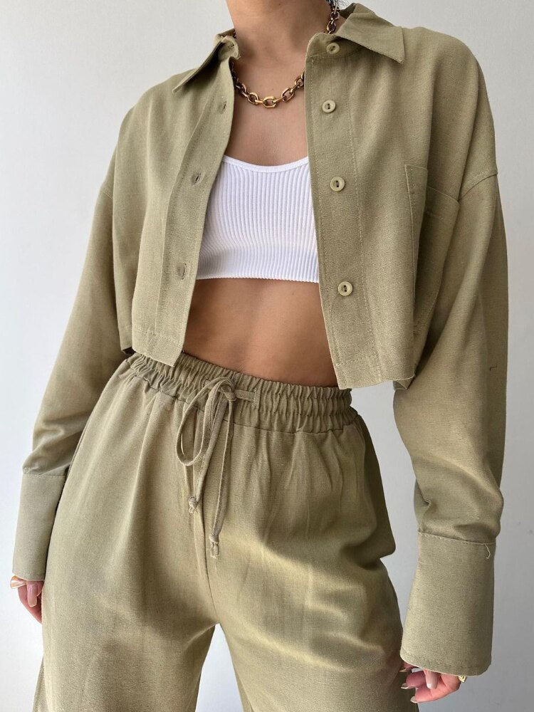 New 2piece Set Women Outfit 2023 Autumn Solid Long Sleeved Short Casual Shirt Drawstring Pants Jacket Sets Fall Outfits 2023