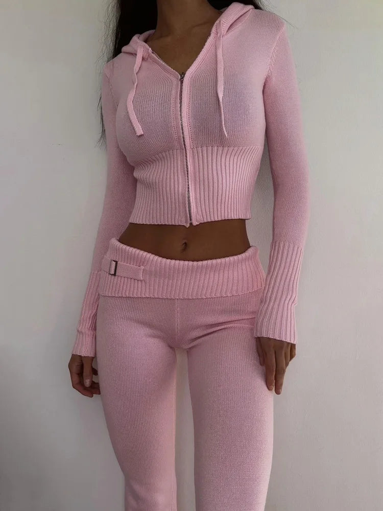 Women Spring Outfits Casual Zipper Sweater Hoodie Set High Waist Flare Pants Suits Pink Knitted Womens Y2k Two Piece Set