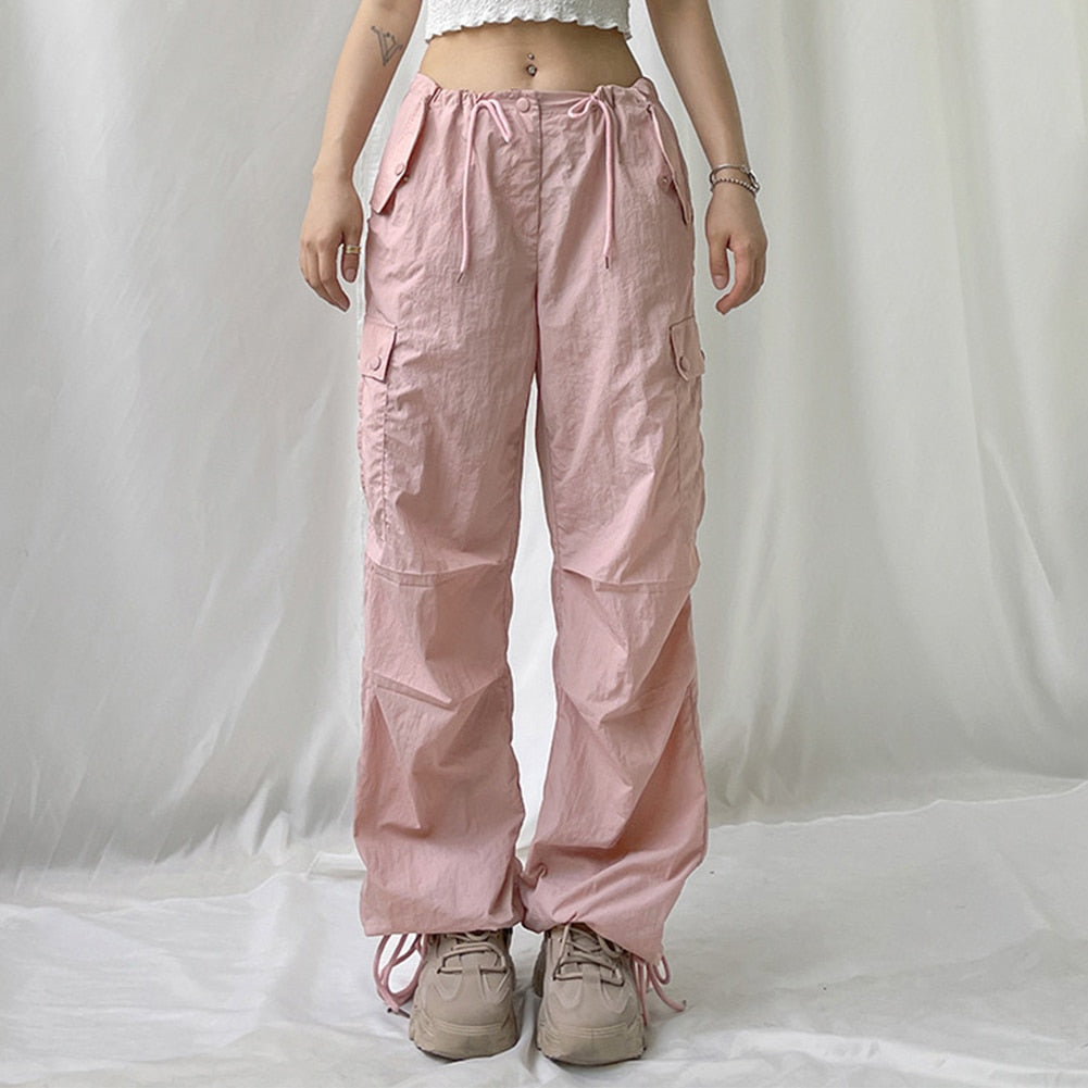 Women Baggy Trousers Low Waist Joggers Cargo Pants Y2K Pockets Wide Leg Pants Fashion Loose Drawstring Streetwear Trousers