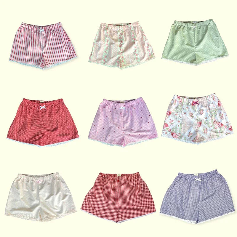 Y2K Print Elastic High Waist Wide Leg Boyshorts Pants Kawaii Lace Trim Shorts 00s Retro Streetwear Loungewear Pajamas Bottom