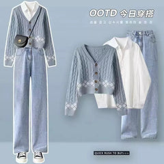 2023 Winter Korean Popular Loose Long Sleeve Shirt Knitted Sweater Casual Wide Leg Pants Three Piece Elegant Women's Pants Set