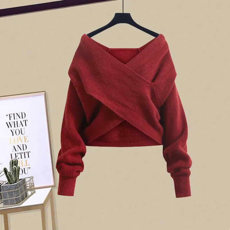 2023 Winter Korean Popular Loose Long Sleeve Shirt Knitted Sweater Casual Wide Leg Pants Three Piece Elegant Women's Pants Set