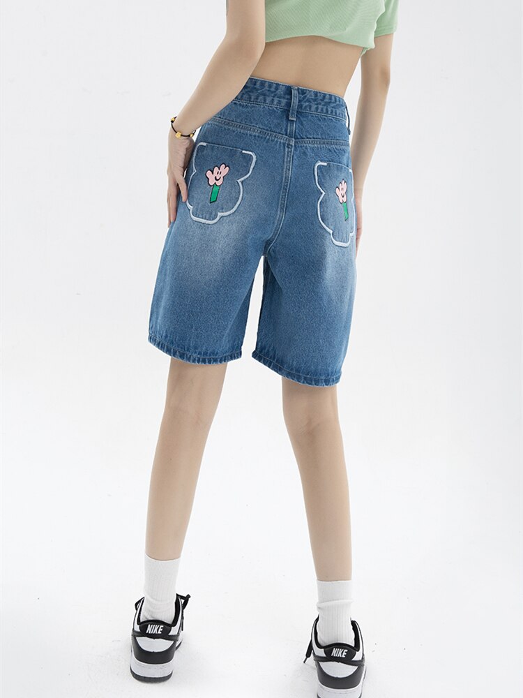 Graduation Gift Blue Women's Straight Shorts Jeans High Waist Street Summer Vintage Five-point Pants Design Casual Ladies Denim Wide Leg Shorts