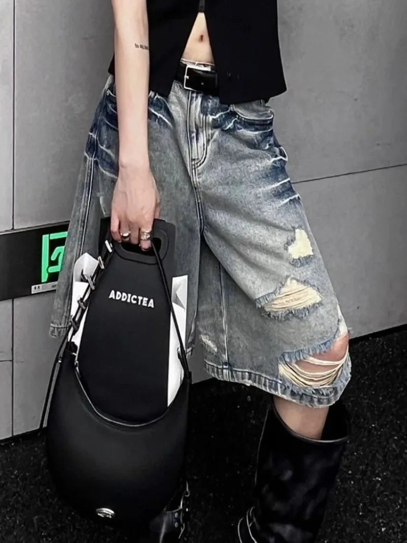 American Street Washed Blue Denim Shorts Y2k E-Girl High Waist Loose Wide Leg Jeans 2024 New Hole Straight Knee-Length Pants