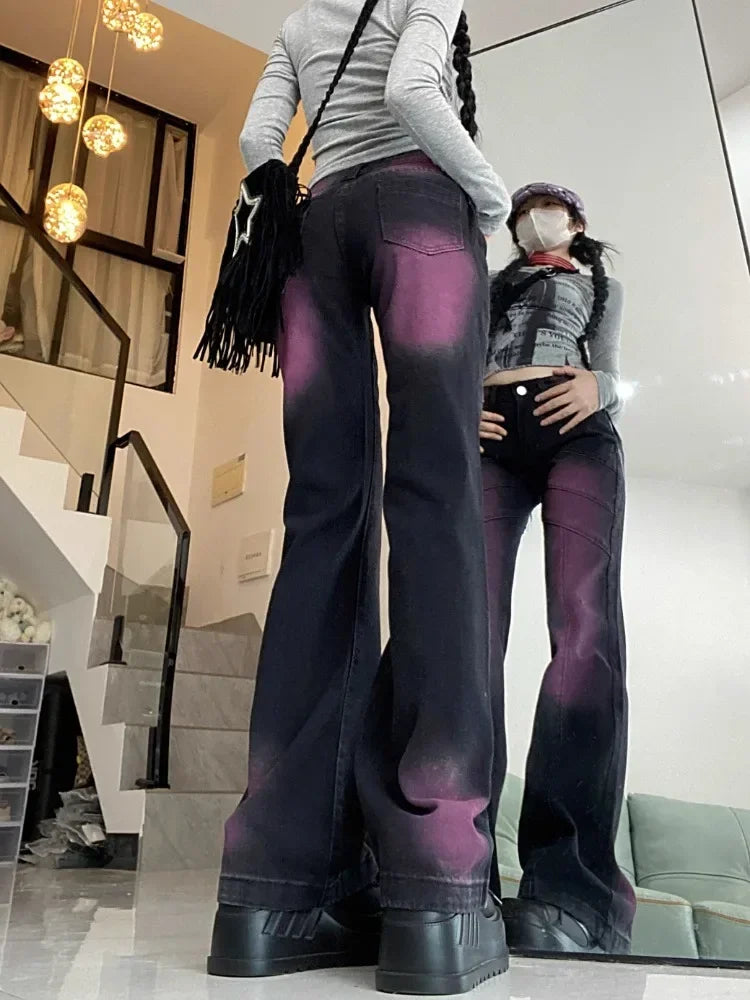 Oversize Purple Denim Flare Pants Women 2024 Autumn New High Waist Trousers American Vintage Washed Street Wide Leg