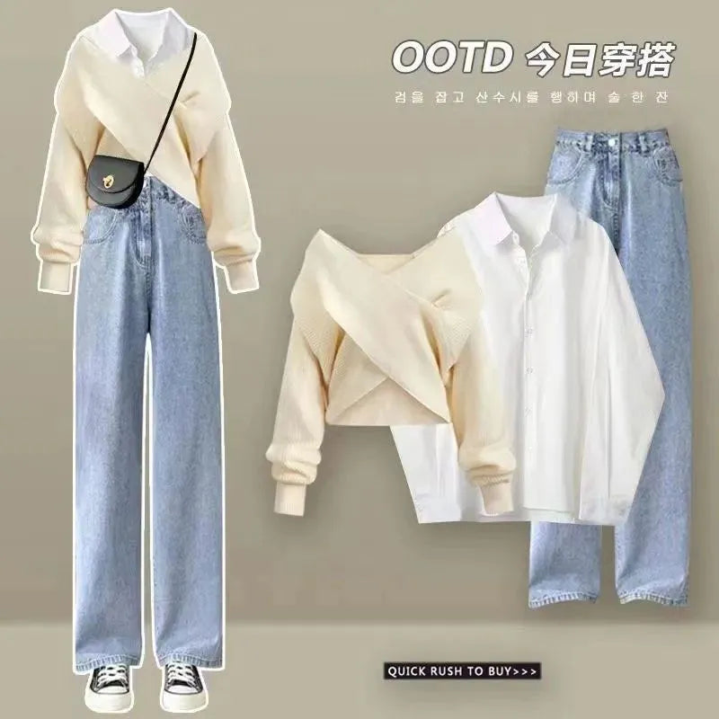 2023 Winter Korean Popular Loose Long Sleeve Shirt Knitted Sweater Casual Wide Leg Pants Three Piece Elegant Women's Pants Set