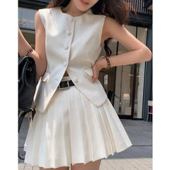 Korean Fashion Summer Pleated Skirt 2 Piece Set Women Elegant Sleeveless Button Tops+Wide Leg Pants Suits Y2k Casual Outfits