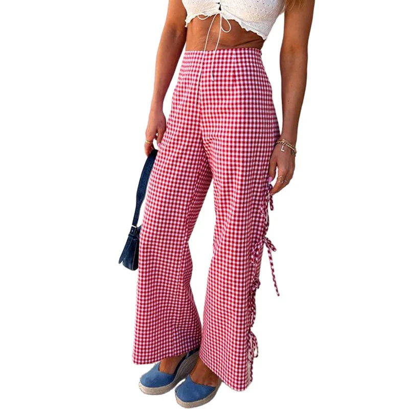 Kawaii Side Tie-Up Hollow-Out Loose Trousers Plaid Wide Leg Pants Casual Sweatpants Lounge Bottoms Y2K Vintage Pants Streetwear