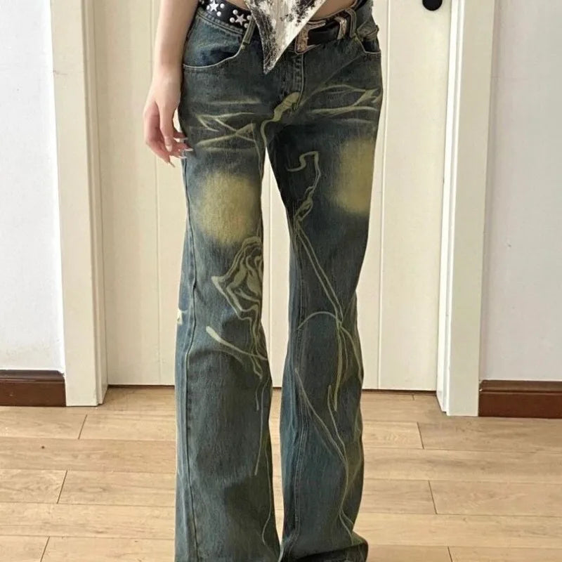 American Style Y2k Retro Flared Jeans For Women Fashion Tie Dye Straight Wide Leg Pants Distressed Hot Girl Casual Mopping Pants