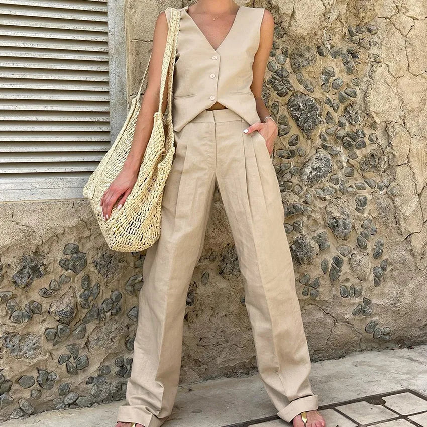 Loose Pant Sets Woman High Waist Baggy Casual Trouser Suit For Women Summer V Neck Vest 2 Piece Suits Womens Outfits 2023