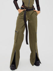 Retro Green Cargo Pants Women Buckle Sashes Split Zipper Fashion Pockets Stitch Vintage Streetwear Straight Trousers