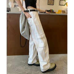 Back to school White Women Jeans Overalls High Waist American Fashion Vintage Wide Leg Jean Female Denim Trouser Straight Baggy Denim Pants