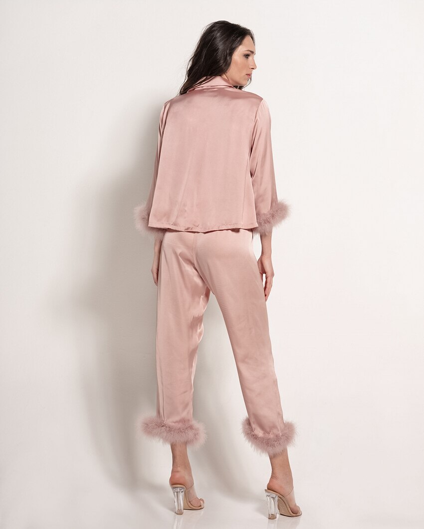 2023 Summer Feather Fashion Ladies Pajamas Nine Points Sleeve Pants Two Piece Silk Homewear Women