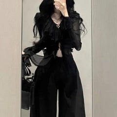 Fashion V-neck Ruffles Black Long Sleeve Cardigan Mujer+ Y2k High Waist Loose Wide Leg Pants 2024 Summer New Two Piece Sets