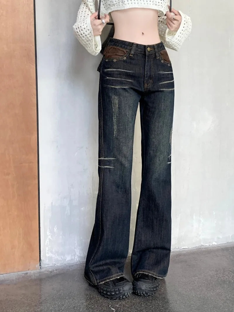 Distressed Wash High Rise Jeans American Retro Straight Flared Trousers Harajuku Style Hip-hop Y2k Hot Girl Wide-leg Pants