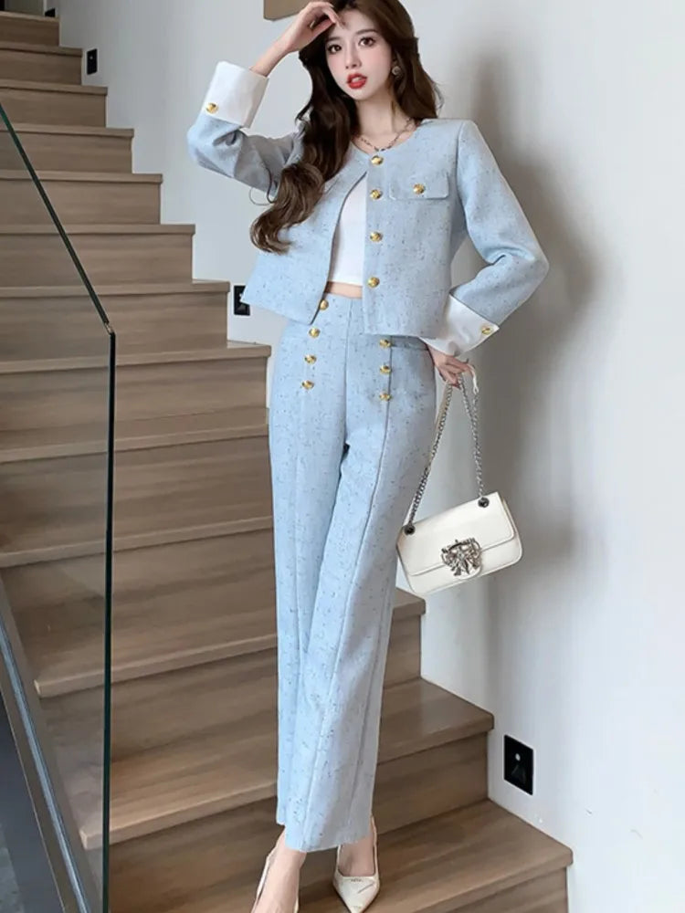 Elegant Jacket Coat Wide Leg Pant Sets Women New Fashion Korean Small Fragrant Casual Office Ladies Outfits Two Piece Set