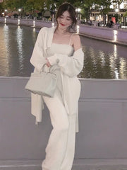 Winter Warm Solid Three-piece Suit Women Long Knitted Cardigan + Camisole + Wide Leg Pants Elegant Korean Chic Loose Outwear