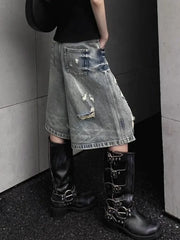 American Street Washed Blue Denim Shorts Y2k E-Girl High Waist Loose Wide Leg Jeans 2024 New Hole Straight Knee-Length Pants