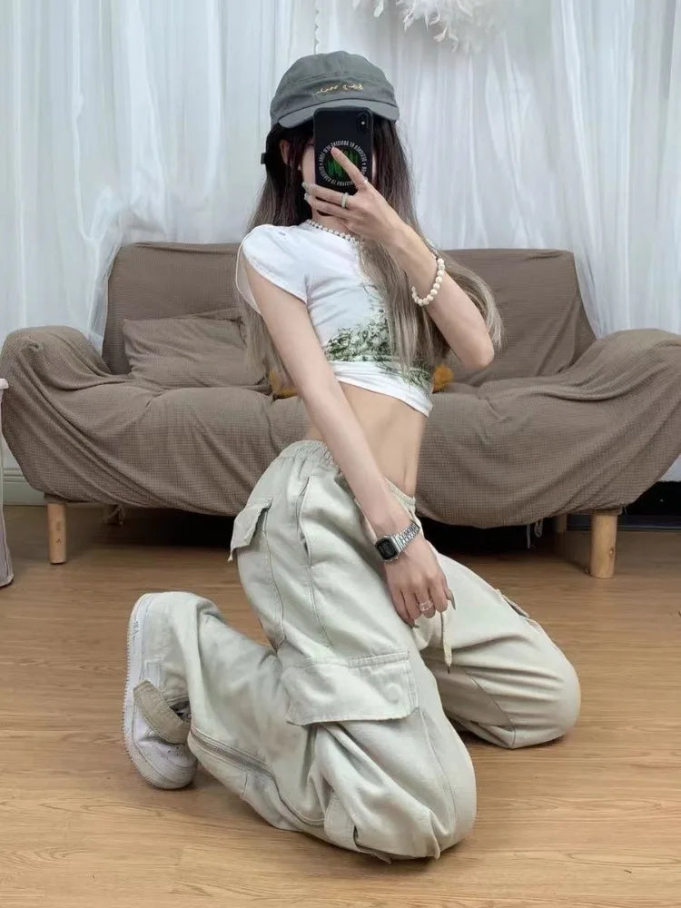 Y2k Big Pocket Cargo Pants Women Streetwear Straight Wide Leg Trousers Vintage Design Side Zipper Drawtring Baggy Pants