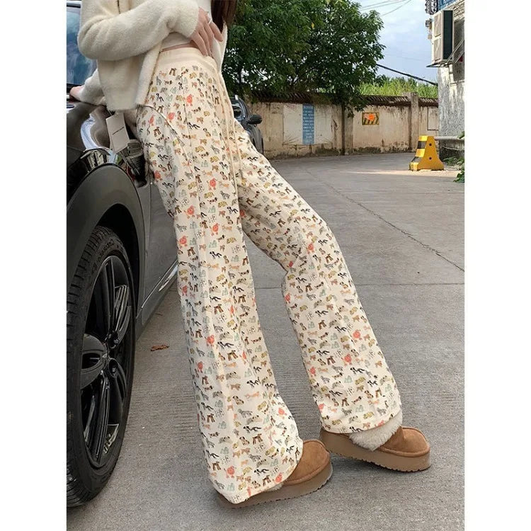 Kawaii Dog Print Pants for Women Y2k E-Girl High Waist Drawstring Flare  Spring New Straight Loose Wide Leg