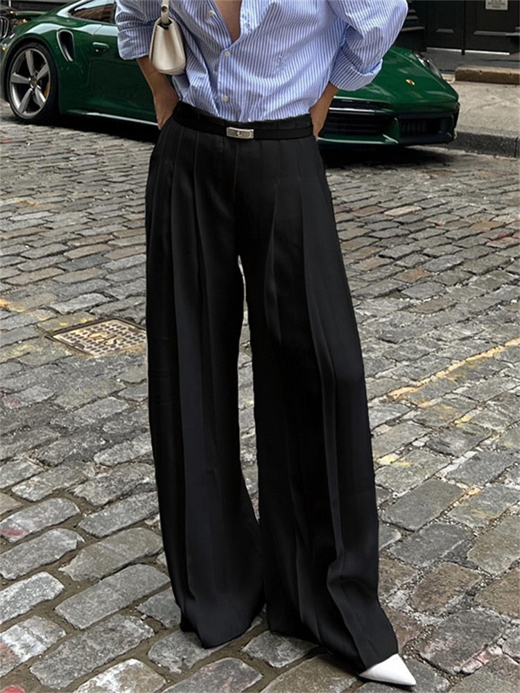 Pleated White Wide Leg Trousers High Waist For Women Patchwork Fashion Loose High Street Trousers Ladies Y2k Pants Autumn