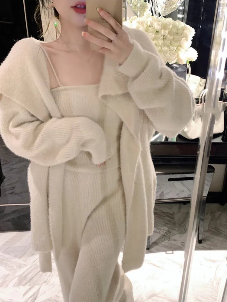 Winter Warm Solid Three-piece Suit Women Long Knitted Cardigan + Camisole + Wide Leg Pants Elegant Korean Chic Loose Outwear
