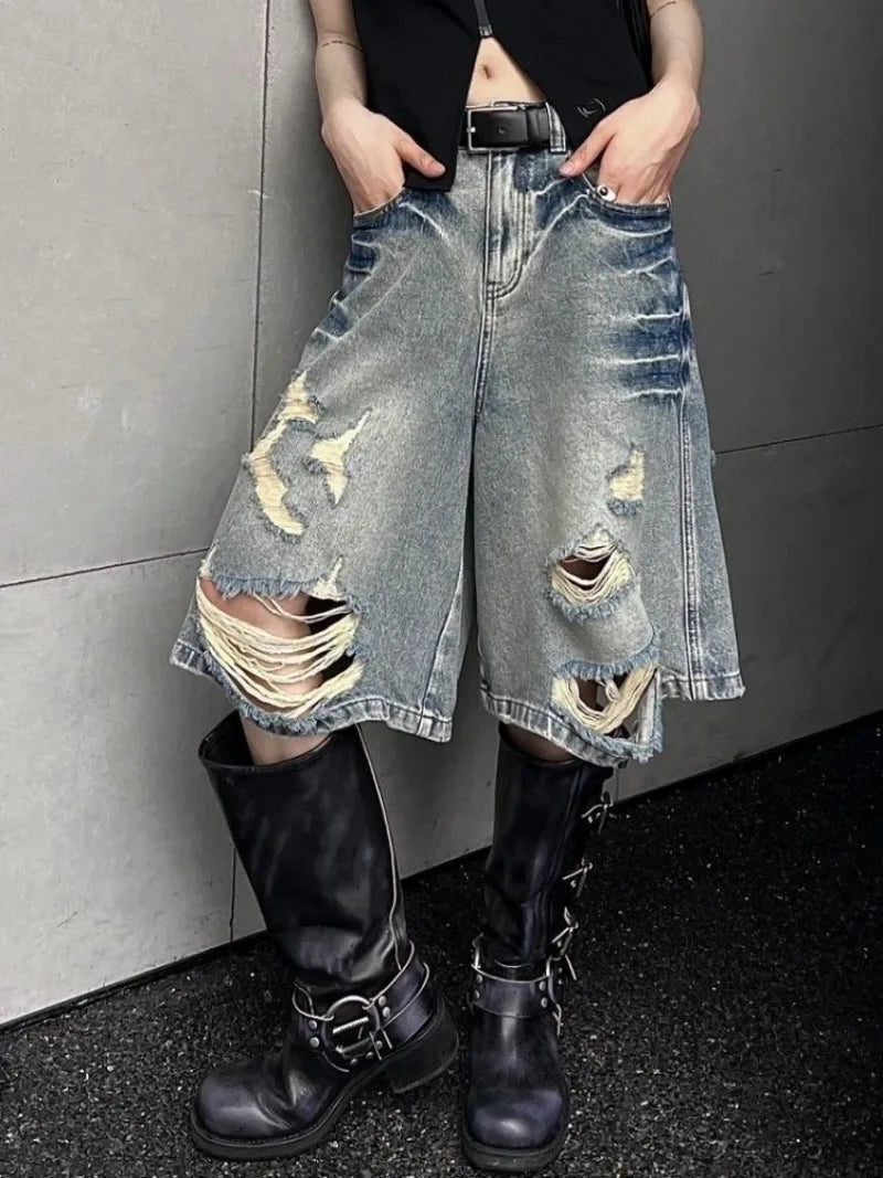 American Street Washed Blue Denim Shorts Y2k E-Girl High Waist Loose Wide Leg Jeans 2024 New Hole Straight Knee-Length Pants