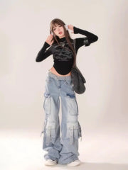 Washed Multi-pocket Wide-leg Jeans for Women American Retro Fashion Street Overalls Harajuku Y2k Hot Girl Floor-length Pants