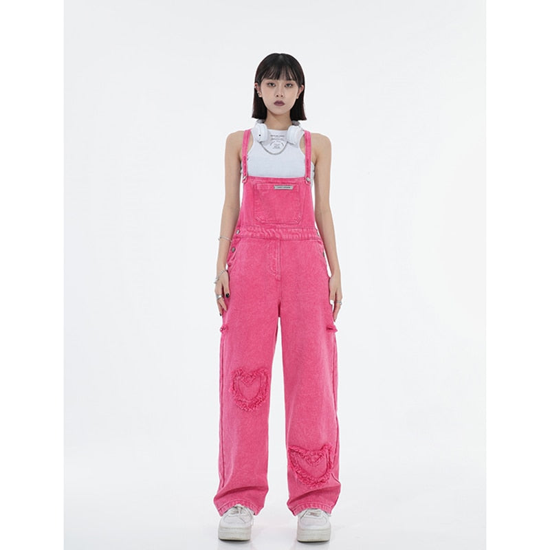 Womens Rose Red Vintage Suspender Jeans Baggy Pocket Straight Pants Streetwear Casual Wide Leg Denim Trouser Ladies Summer