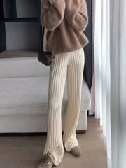 Vintage Boot Cut Knit Pants Women Solid Casual High Waist Straight Sweatpants Korean Fashion Winter Slim Long Pants New