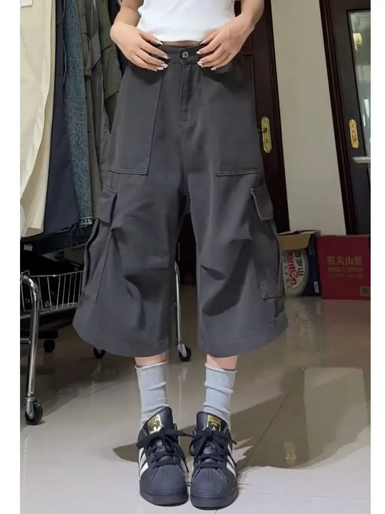 Oversize American High Street Retro Pocket Cargo Shorts 2024 Summer New Wide Leg Pants Y2k Loose Straight Calf- Length