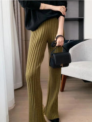 Vintage Boot Cut Knit Pants Women Solid Casual High Waist Straight Sweatpants Korean Fashion Winter Slim Long Pants New