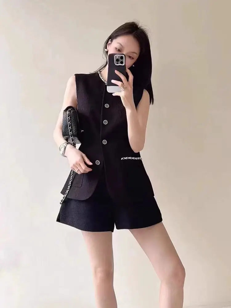 High Quality French Small Fragrance Two Piece Set Women Summer Blazer Vest + Short Suits Elegant Fashion OL 2 Piece Pant Sets