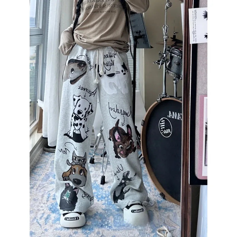 Harajuku Graffiti Women's Sweatpants Gray Kawaii Baggy Korean Fashion Sport Jogger Pants Vintage Cute Trousers Hippie New