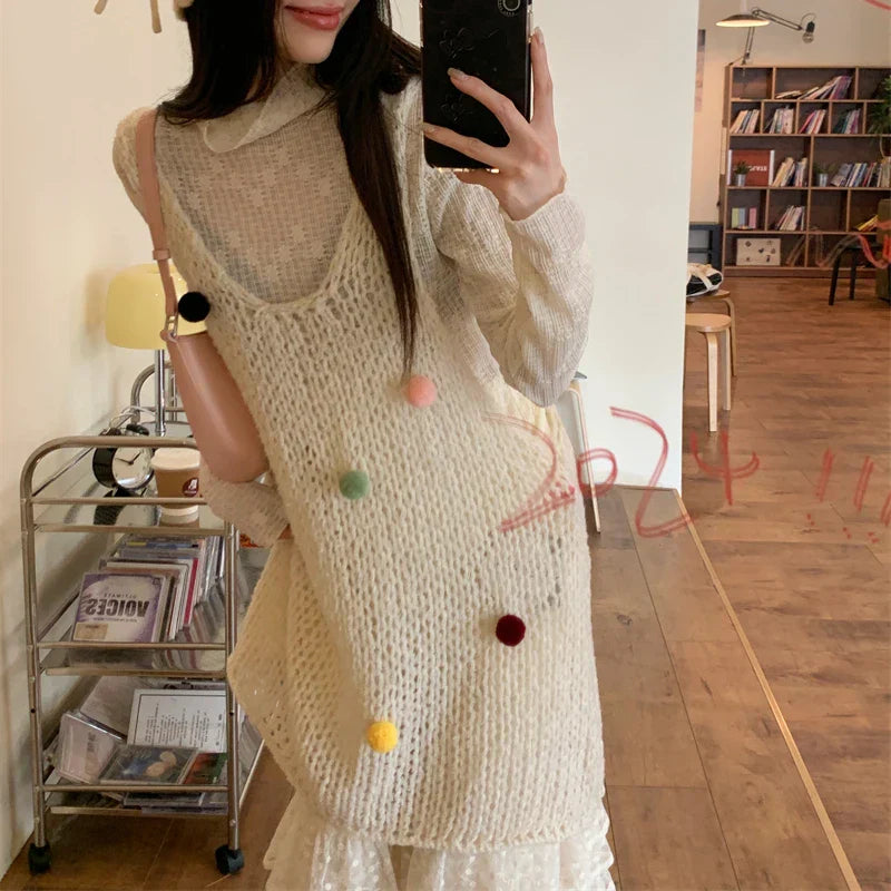 2024 Spring New Streetwear Pleated Loose Lace Pants Women + Colorful Cotton Ball Hollow Knitted Dress + T-Shirt Three-Piece Suit