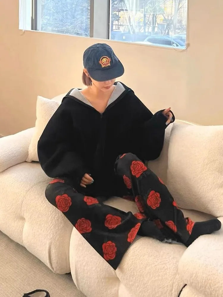 2024 Summer New Sweatpants Women Fashion Vintage Flower Print Loose Wide Leg Pants Y2k Grunge Elastic Waist Straight Trousers