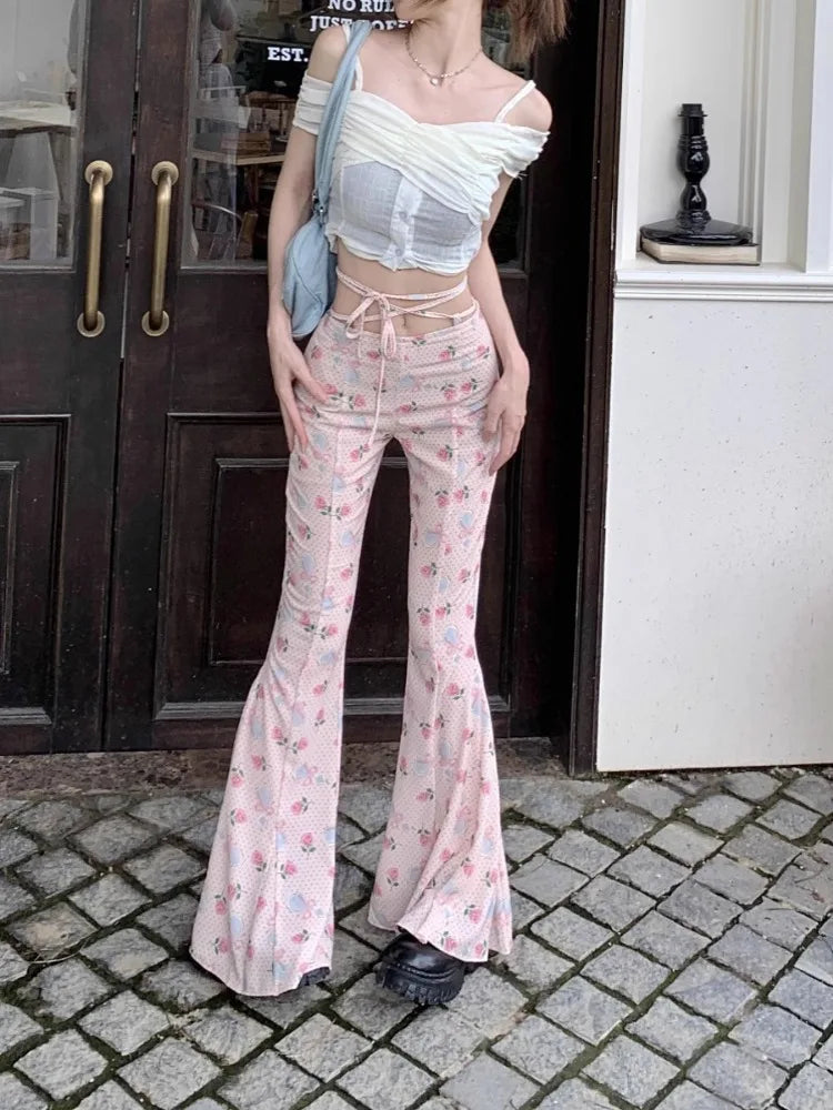 Sweet Floral Print Casual Pants for Women Sumemr Slim Fit Ruffles Flare  Y2k E-Girl High Waist Loose Wide Leg