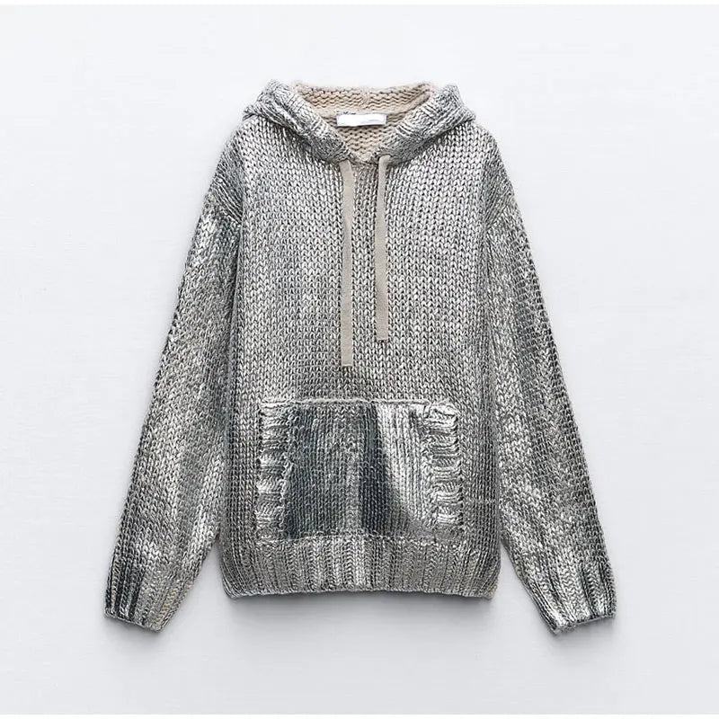 Zilda Silver Metallic Hoodie Sweater