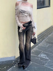 American Retro Low-rise Ruined Rivet Flared Jeans Fashionable Street Wide Leg Pants New Y2k Hot Girl Floor Mopping Pants