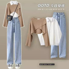 2023 Winter Korean Popular Loose Long Sleeve Shirt Knitted Sweater Casual Wide Leg Pants Three Piece Elegant Women's Pants Set